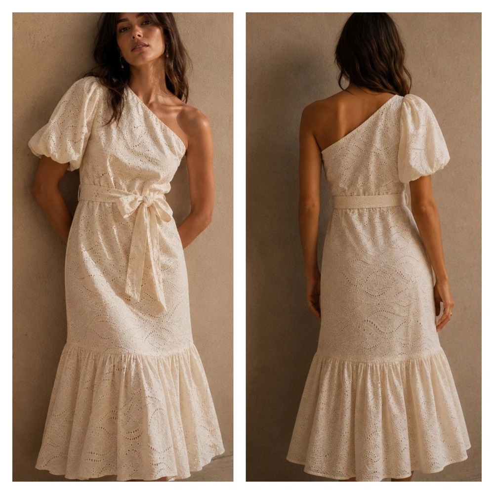 Gibson Latimer Midi Dress Womens L Cream Cotton Eyelet One Shoulder Preppy Lined